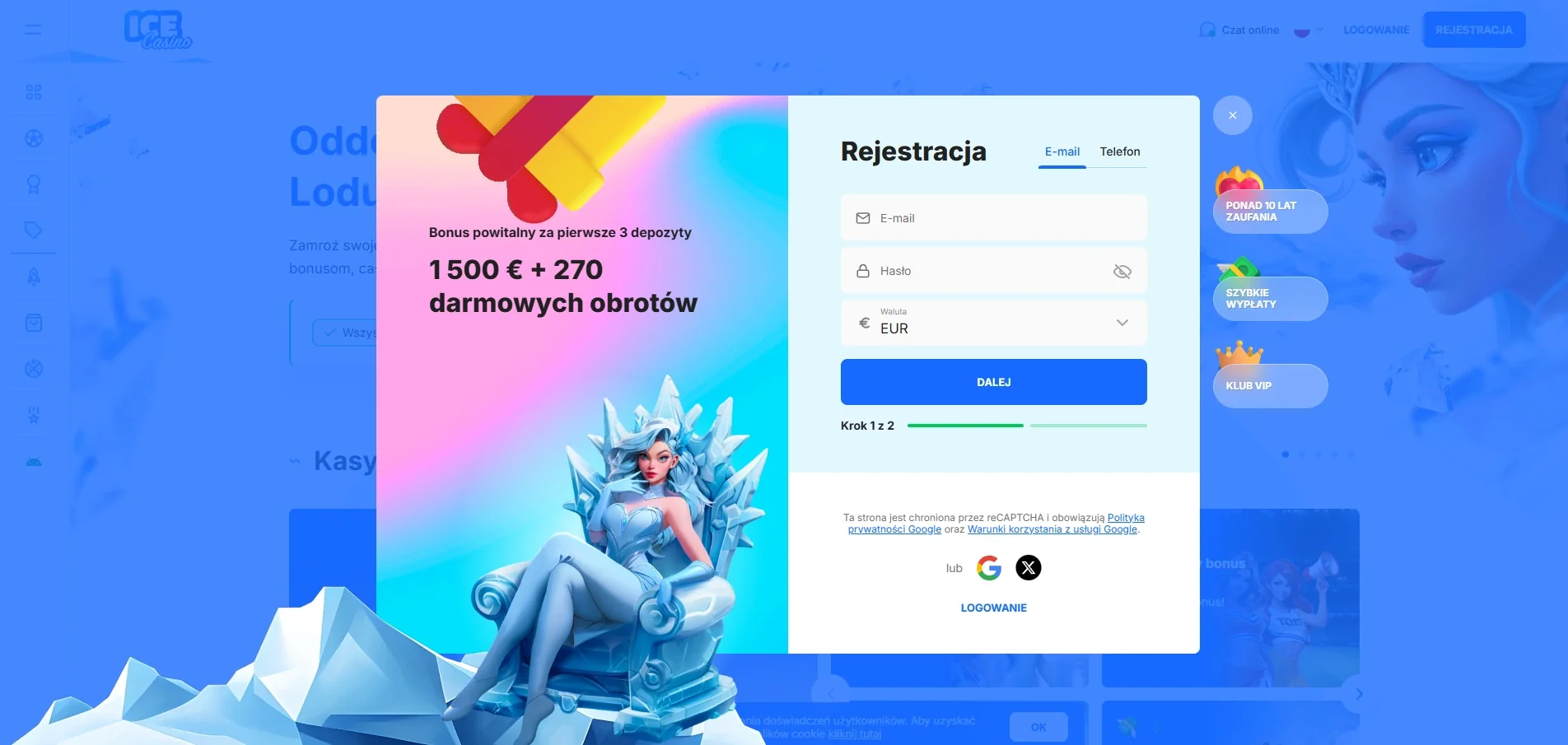 Ekran rejestracji lub profilu Ice Casino