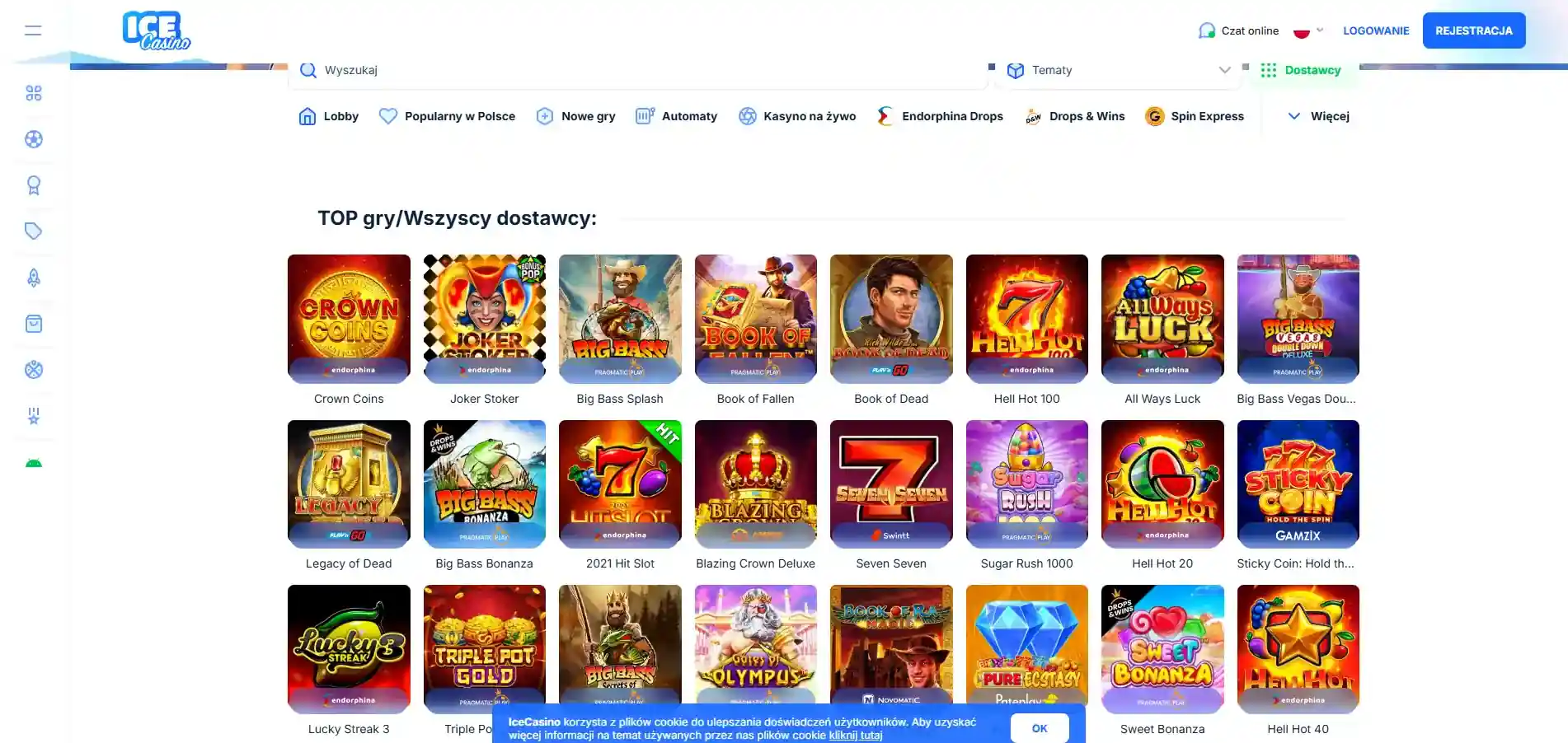 Sekcja automatów Ice Casino z filtrami