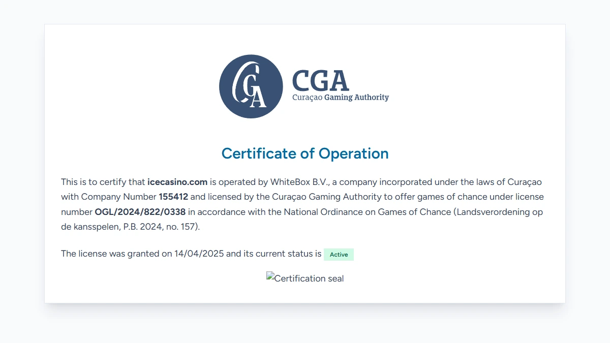 Certyfikat Curaçao Gaming Authority dla icecasino.com