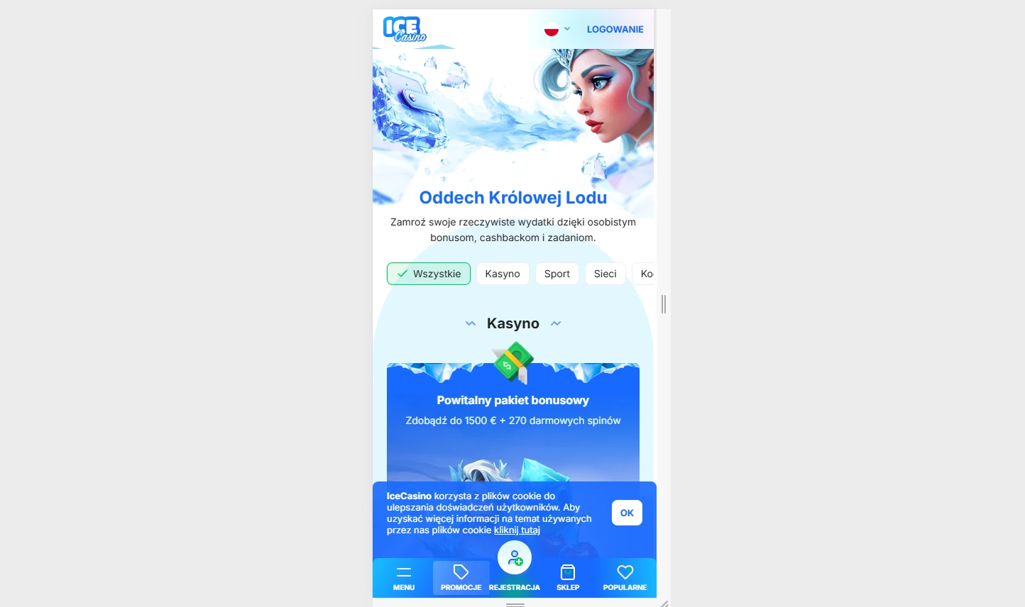 Mobilny widok Ice Casino